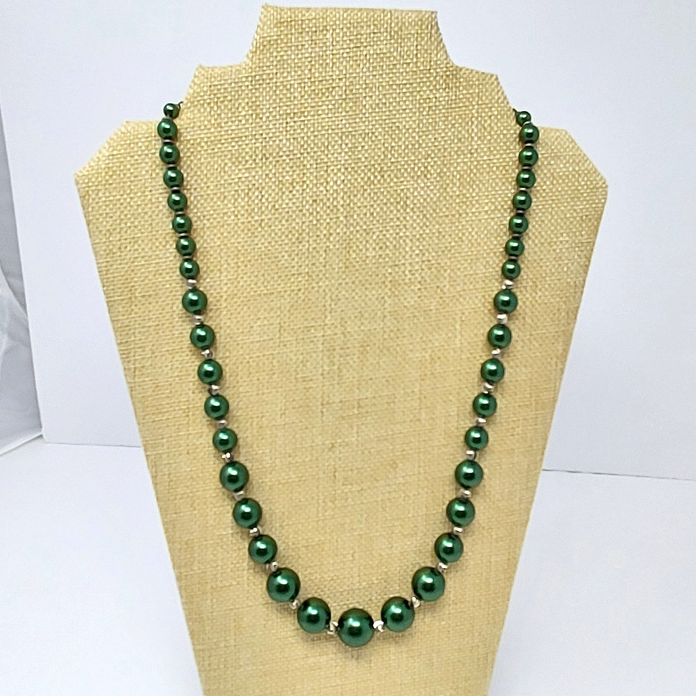Dark Green Glass Faux Pearls Graduated to 16mm Silver Tone Textured Spacers 22"